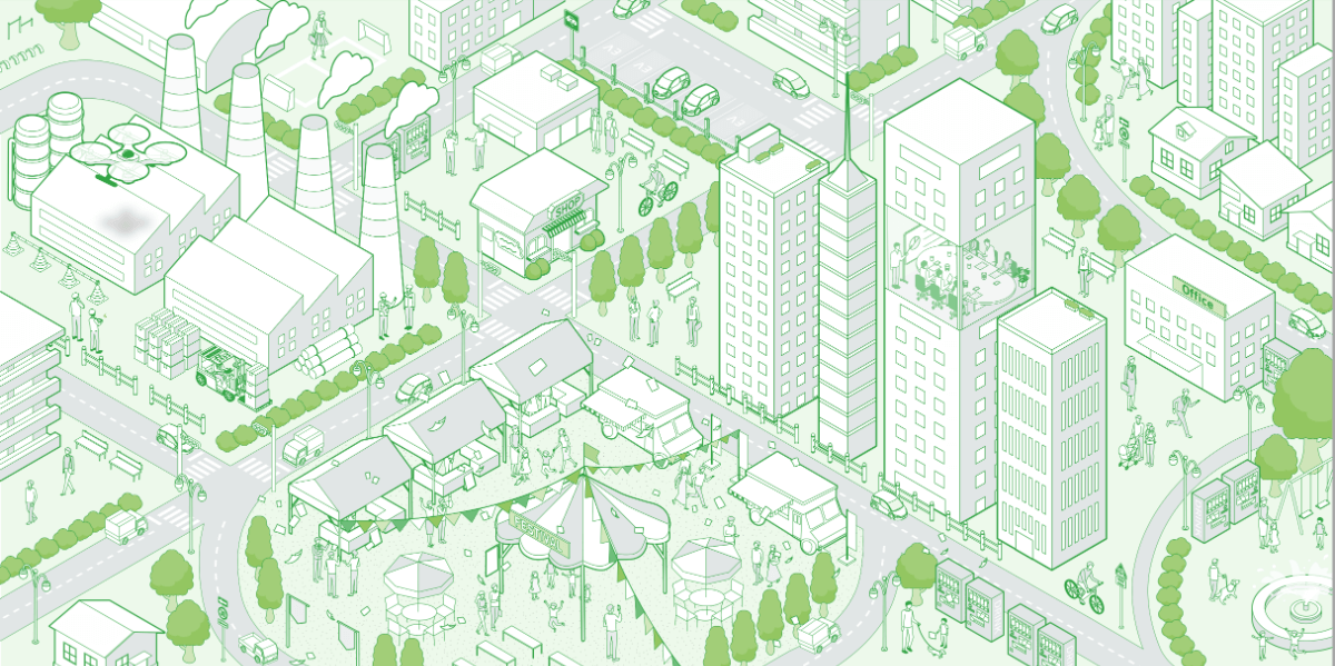 緑を基調に描かれた未来型の街並みイラストで、工場や住宅、イベント会場などが並ぶ